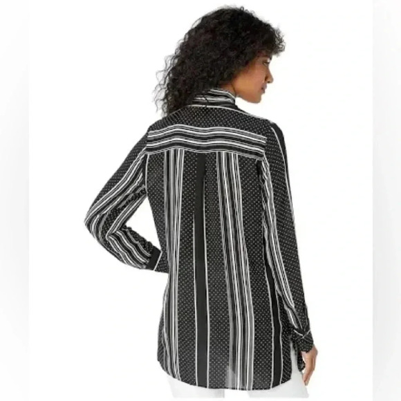 BCBGMAXAZRIA | Black & White Stripe Mixed-Print Tie-Neck Tunic Blouse Size XXS - Picture 2 of 4